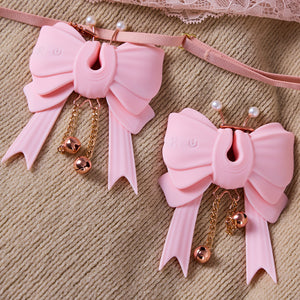 Joylume Electric Papillon butterfly nipple clamps worn with adjustable strap in lifestyle setting