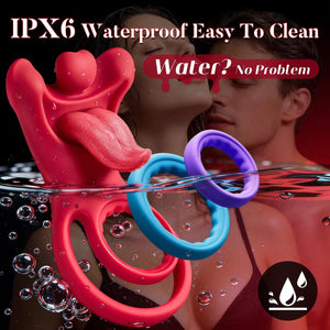 Joylume vibrating cock ring with tongue shown in couples pleasure setting