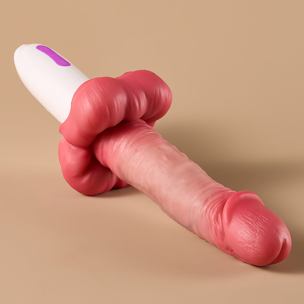 Joylume Silky Lover Crimson Surge thrusting dildo shown with remote control use